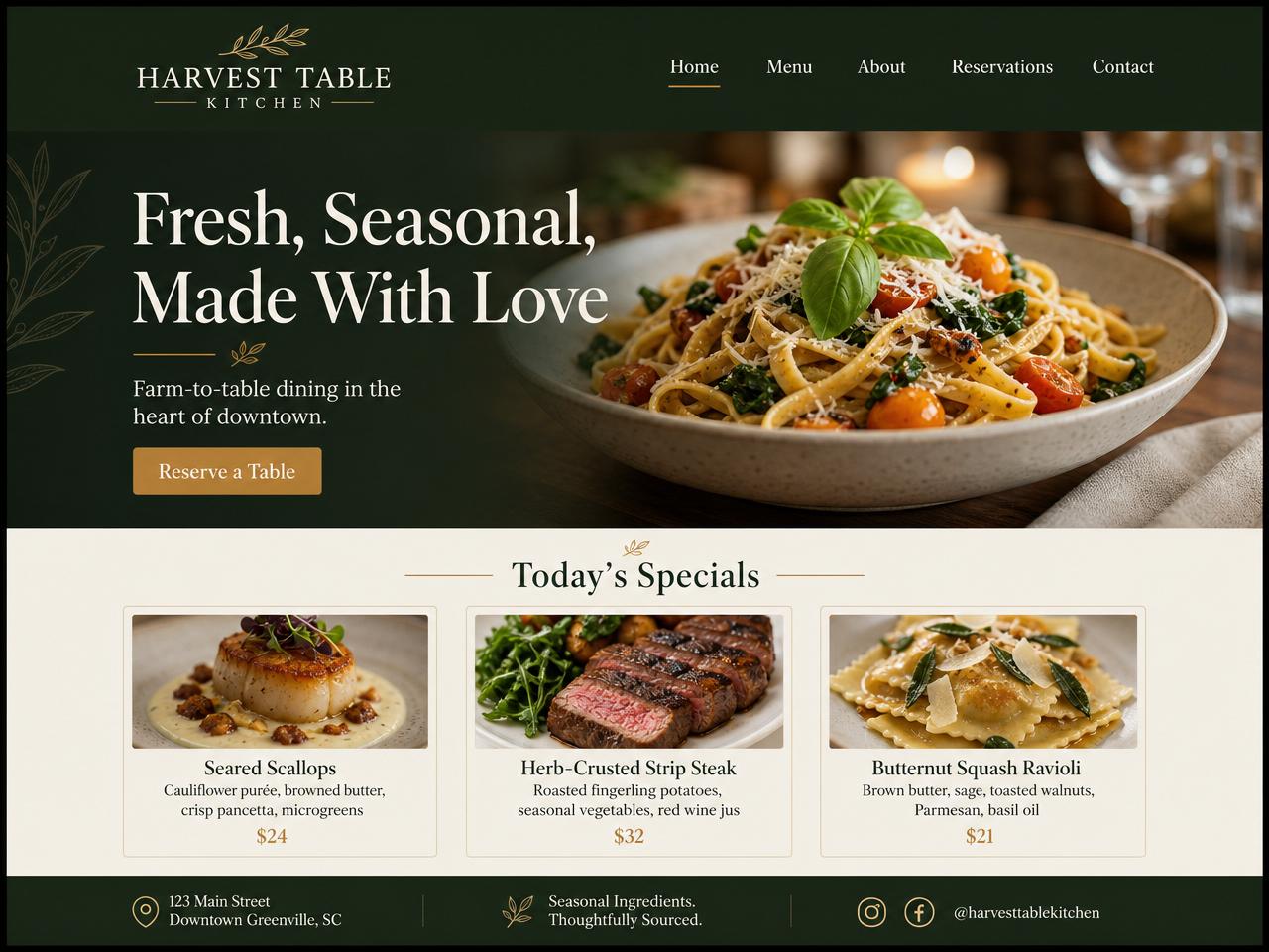 Harvest Table Kitchen website after the redesign